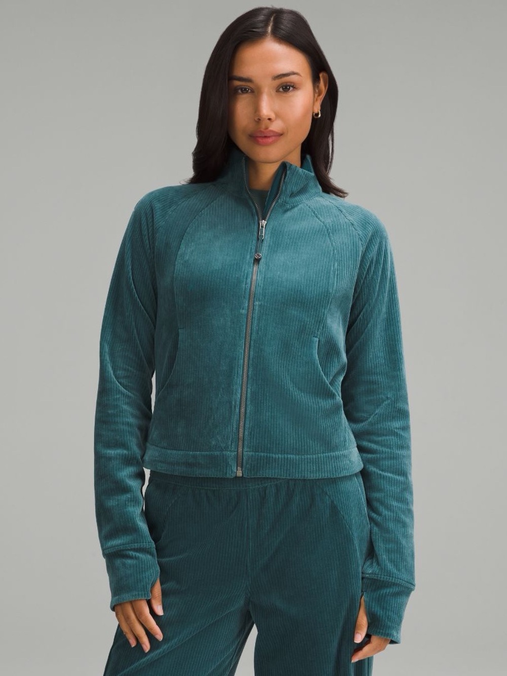 Lululemon Scuba Track Jacket Velvet Cord Teal Green Full Zip Size 4